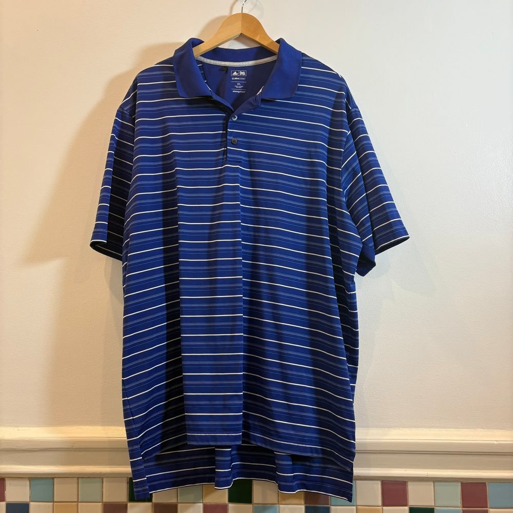 Adidas Golf Polo Shirt Mens 2XL Blue Striped ClimaCool‎ Athletic Sport